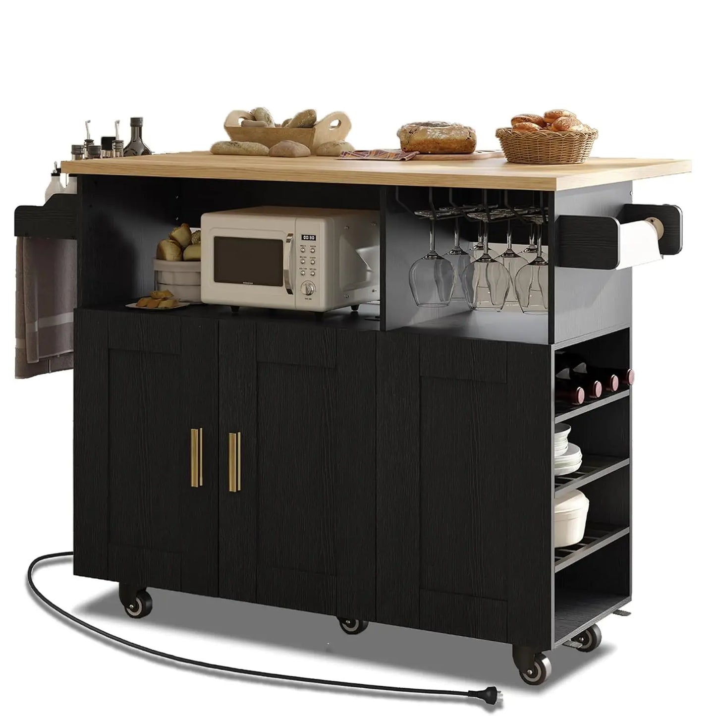 Rolling Kitchen Island with Drop Leaf And Power Outlet Mobile Island Table Kitchen Storage Wood Countertop.Customized