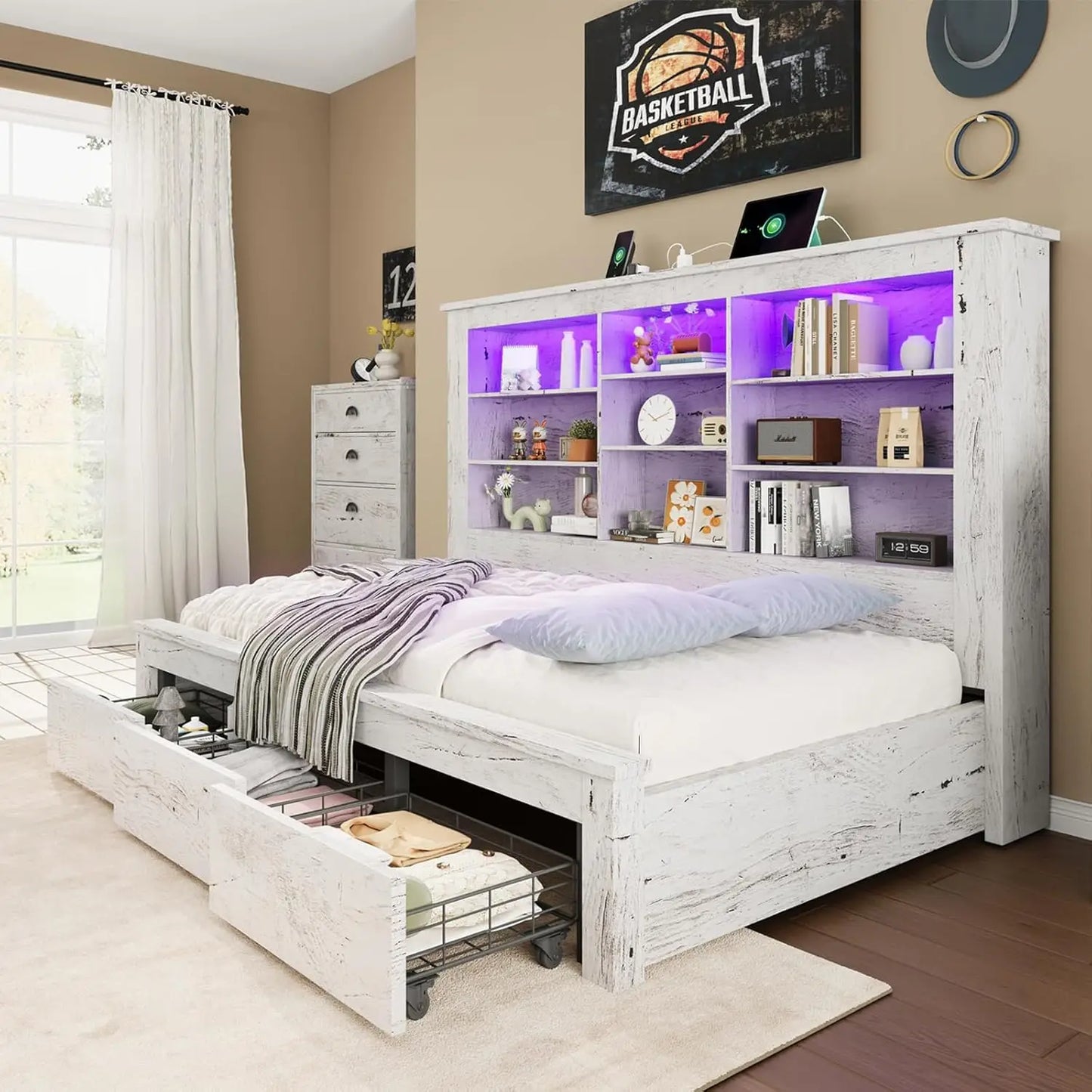 Twin Bed Frame with Storage Drawers, Bookcase Headboard, USB Charging, RGB Lights, Farmhouse Wood Daybed, No Box, Customized