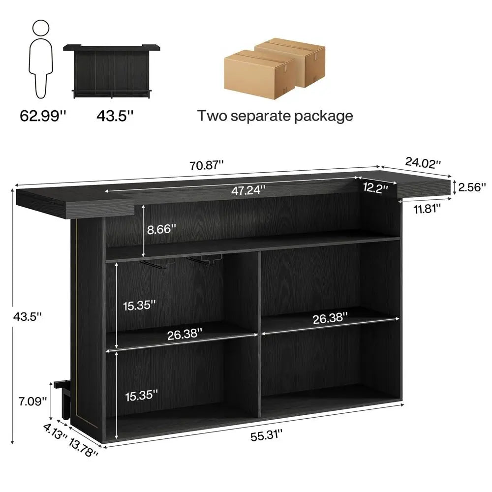 70.9 Extra Large Bar Table, 4Tier Storage Home Bar with Wine Glass Rack amp Footrest, 2in1 Kitchen Island amp Pub Table, Wooden