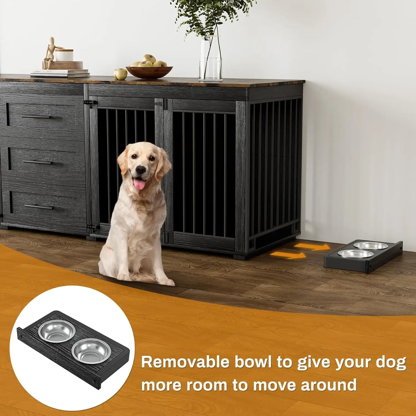 94.5" Large Dog Crate Furniture for 2 Dogs, Double Wooden Dog Kennel Furniture with 4 Dog Bowls & 3 Drawers, Heavy, Customized