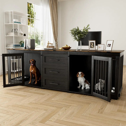 94.5" Large Dog Crate Furniture for 2 Dogs, Double Wooden Dog Kennel Furniture with 4 Dog Bowls & 3 Drawers, Heavy, Customized