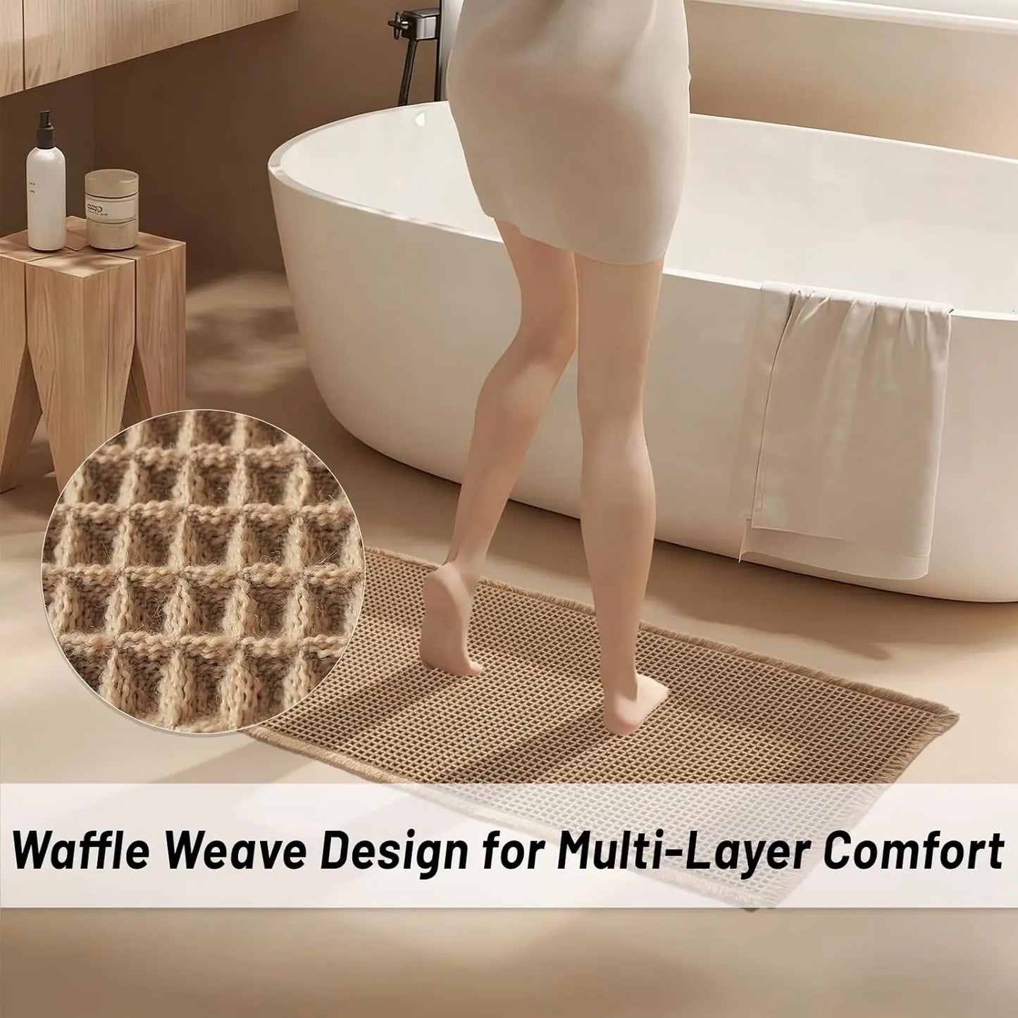 Waffle Bath Mat Set of 2, Non-Slip Absorbent Quick-Dry Shower Rug for Bathroom & Kitchen Floor
