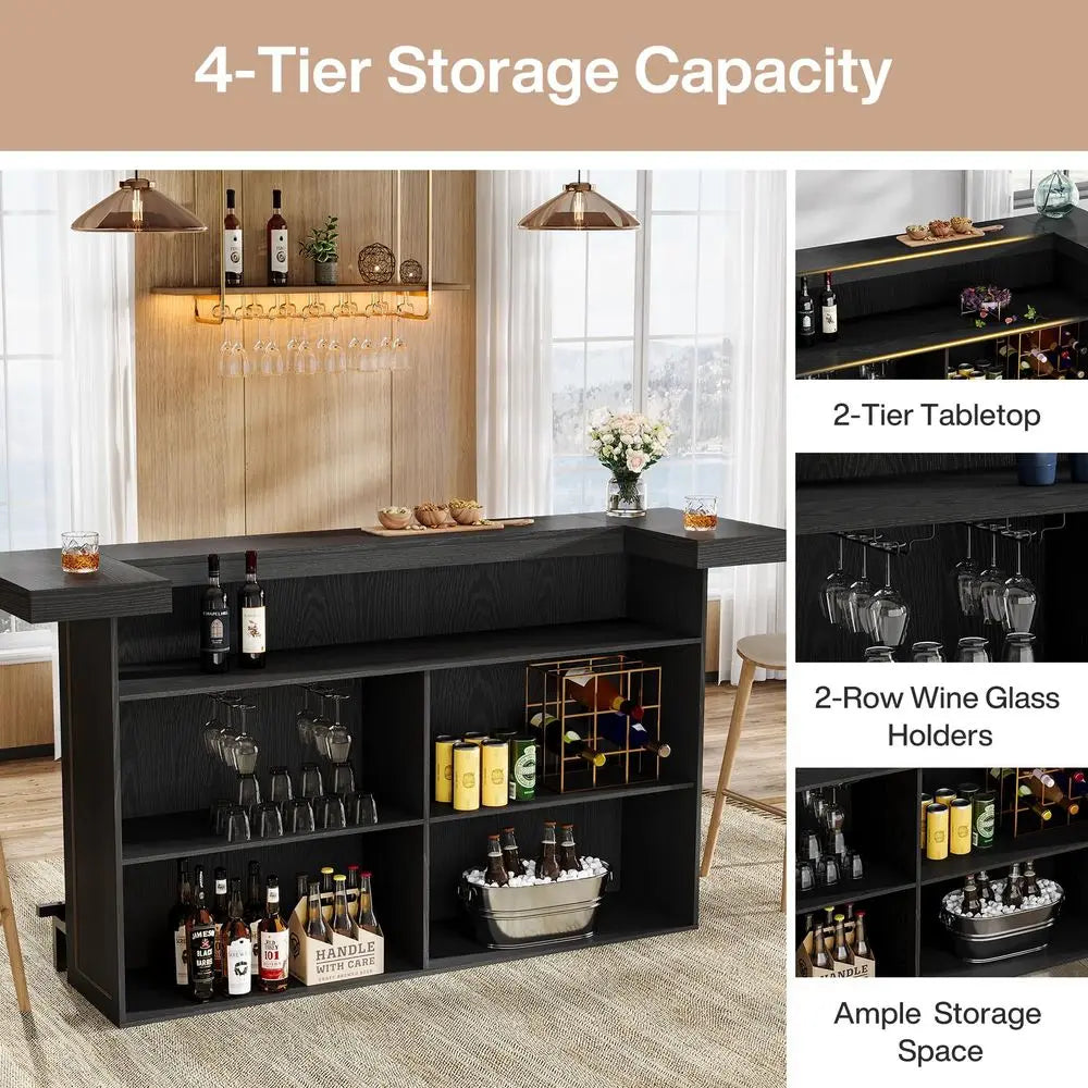 70.9 Extra Large Bar Table, 4Tier Storage Home Bar with Wine Glass Rack amp Footrest, 2in1 Kitchen Island amp Pub Table, Wooden
