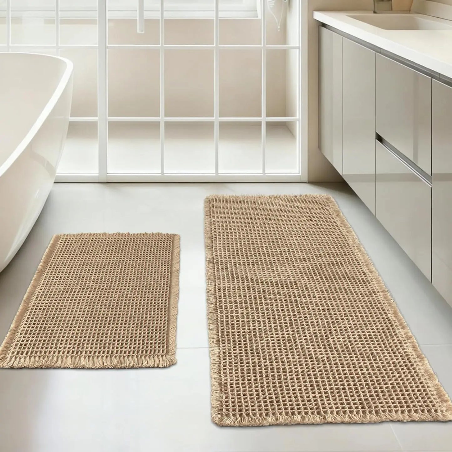 Waffle Bath Mat Set of 2, Non-Slip Absorbent Quick-Dry Shower Rug for Bathroom & Kitchen Floor