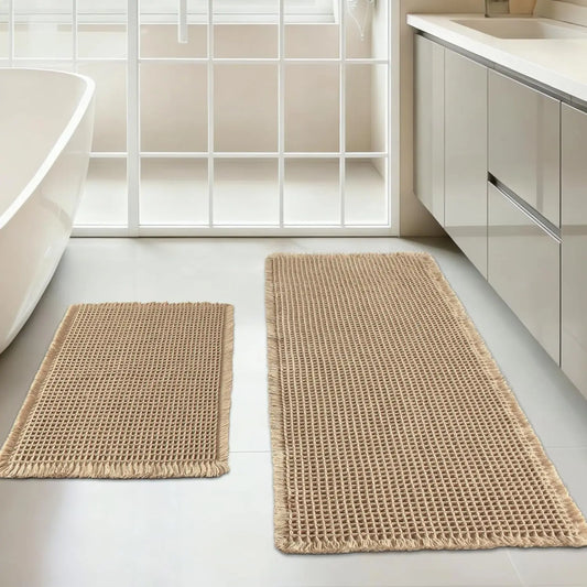 Waffle Bath Mat Set of 2, Non-Slip Absorbent Quick-Dry Shower Rug for Bathroom & Kitchen Floor