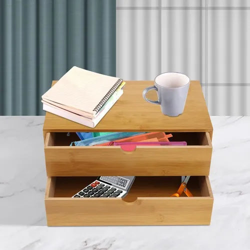 storage boxesMini Bamboo Desk Organizer with 2 Drawers Desktop Storage Box for Home Office Supplies Holder Multifunctional Space