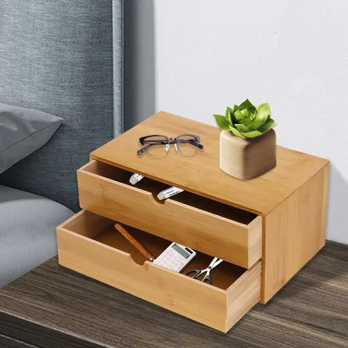 storage boxesMini Bamboo Desk Organizer with 2 Drawers Desktop Storage Box for Home Office Supplies Holder Multifunctional Space