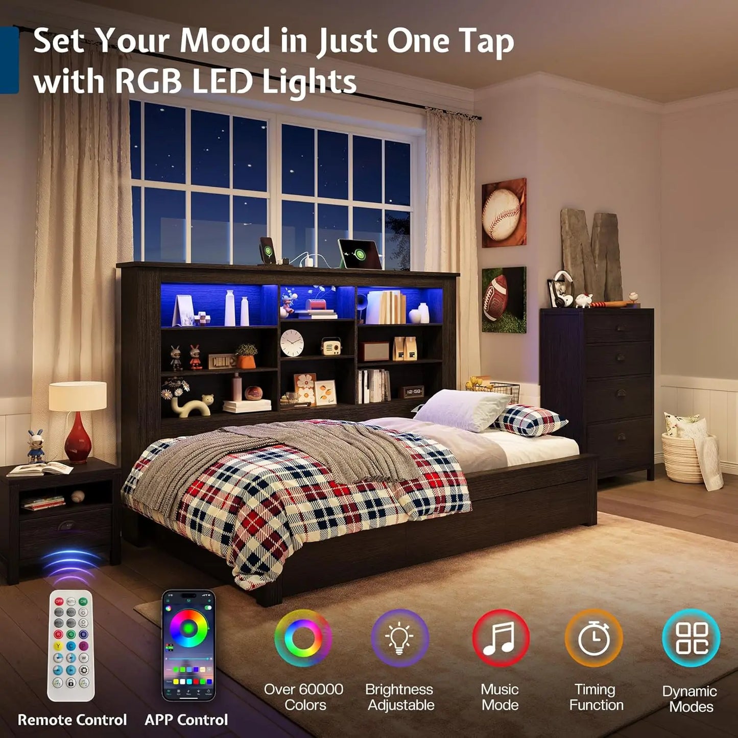 Twin Bed Frame with Storage Drawers, Bookcase Headboard, USB Charging, RGB Lights, Farmhouse Wood Daybed, No Box, Customized