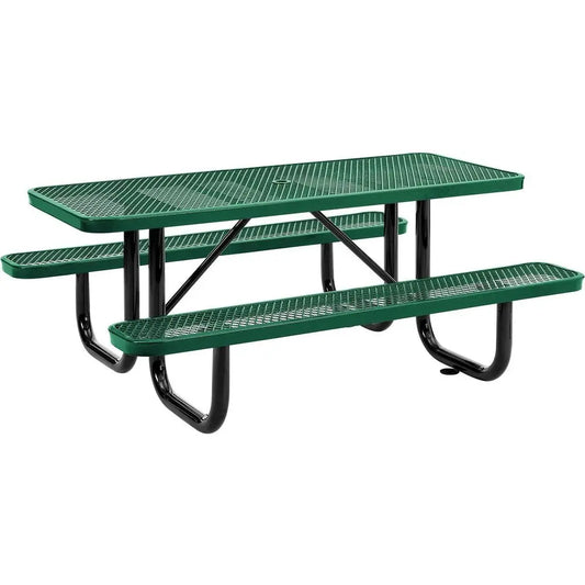 6-Foot Long Outdoor Picnic Table with Green Coating, Attached Benches, Umbrella Hole, 1000 lbs Capacity