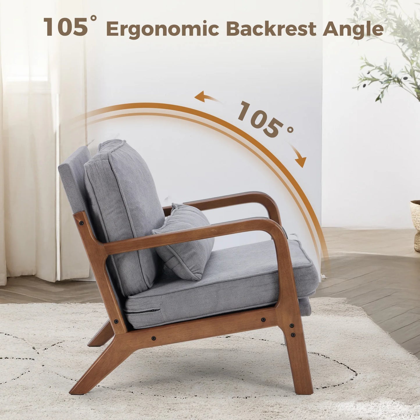 JHK Mid Century Modern Chair Solid Wooden Frame Accent Chair with Arms and Waist Cushion Reading Chairs for Adults Lounge Chair