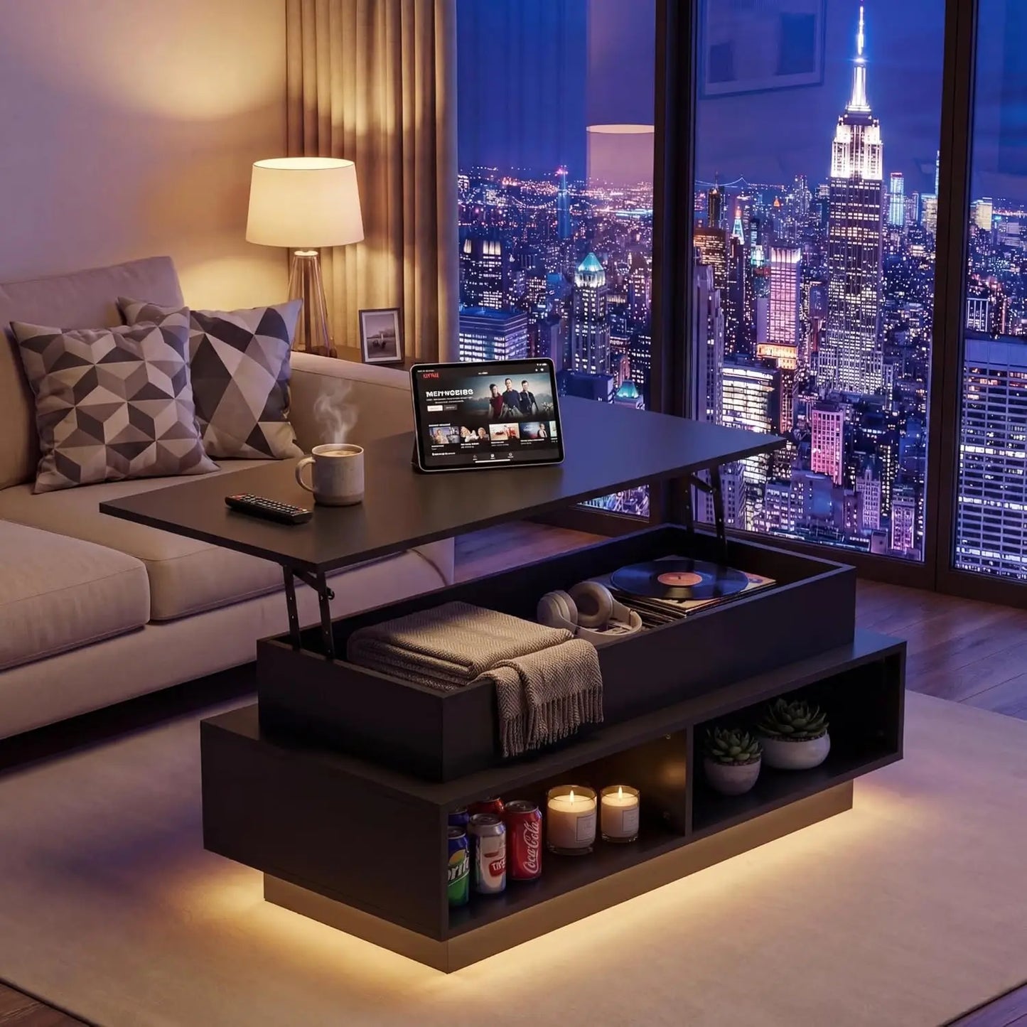 40in Lift Top Coffee Table with Storage Compartments & LED Lights for Living Room Home Office, Customized