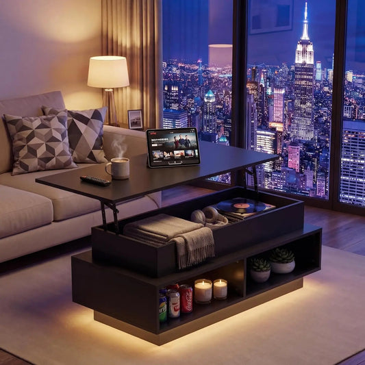 40in Lift Top Coffee Table with Storage Compartments & LED Lights for Living Room Home Office, Customized