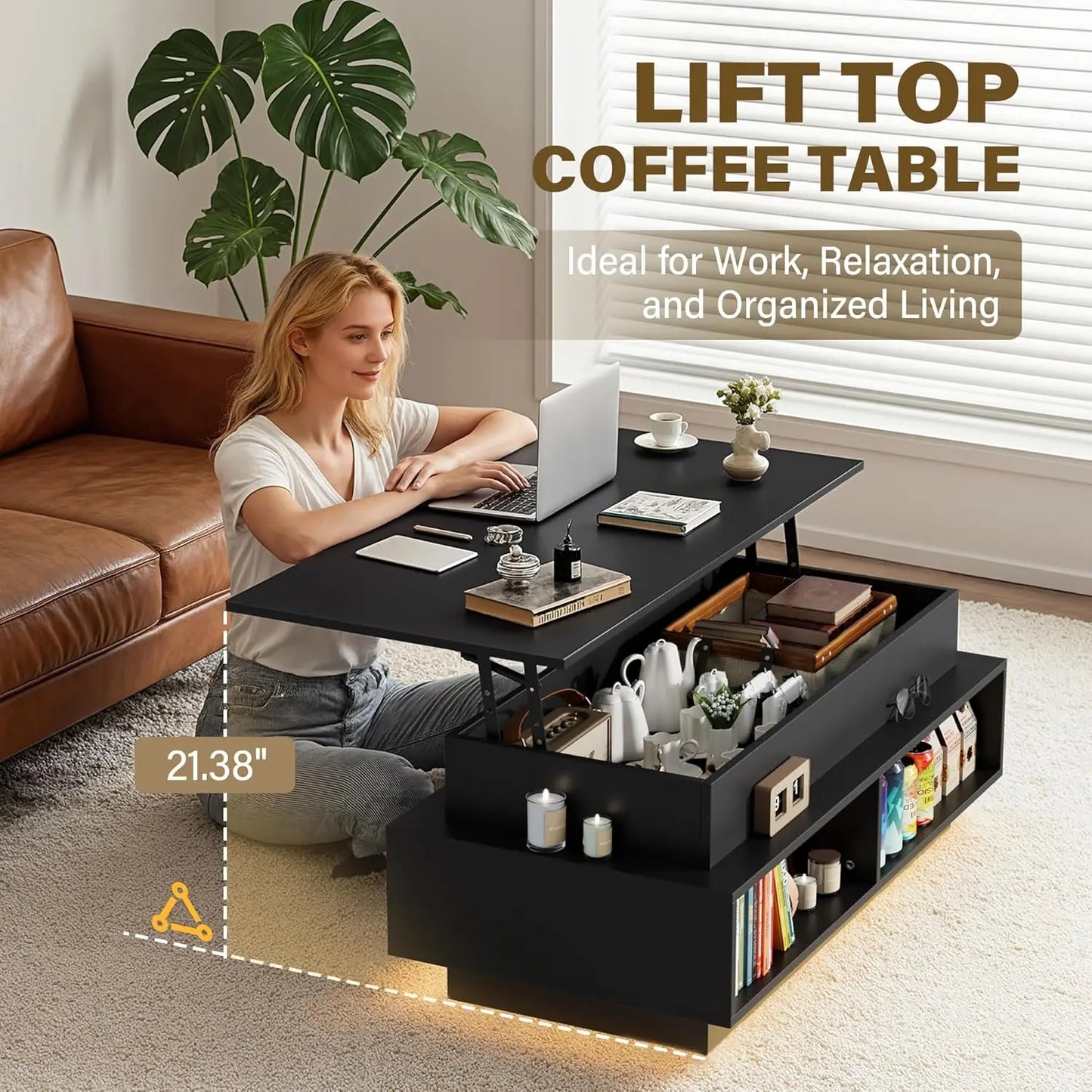 40in Lift Top Coffee Table with Storage Compartments & LED Lights for Living Room Home Office, Customized
