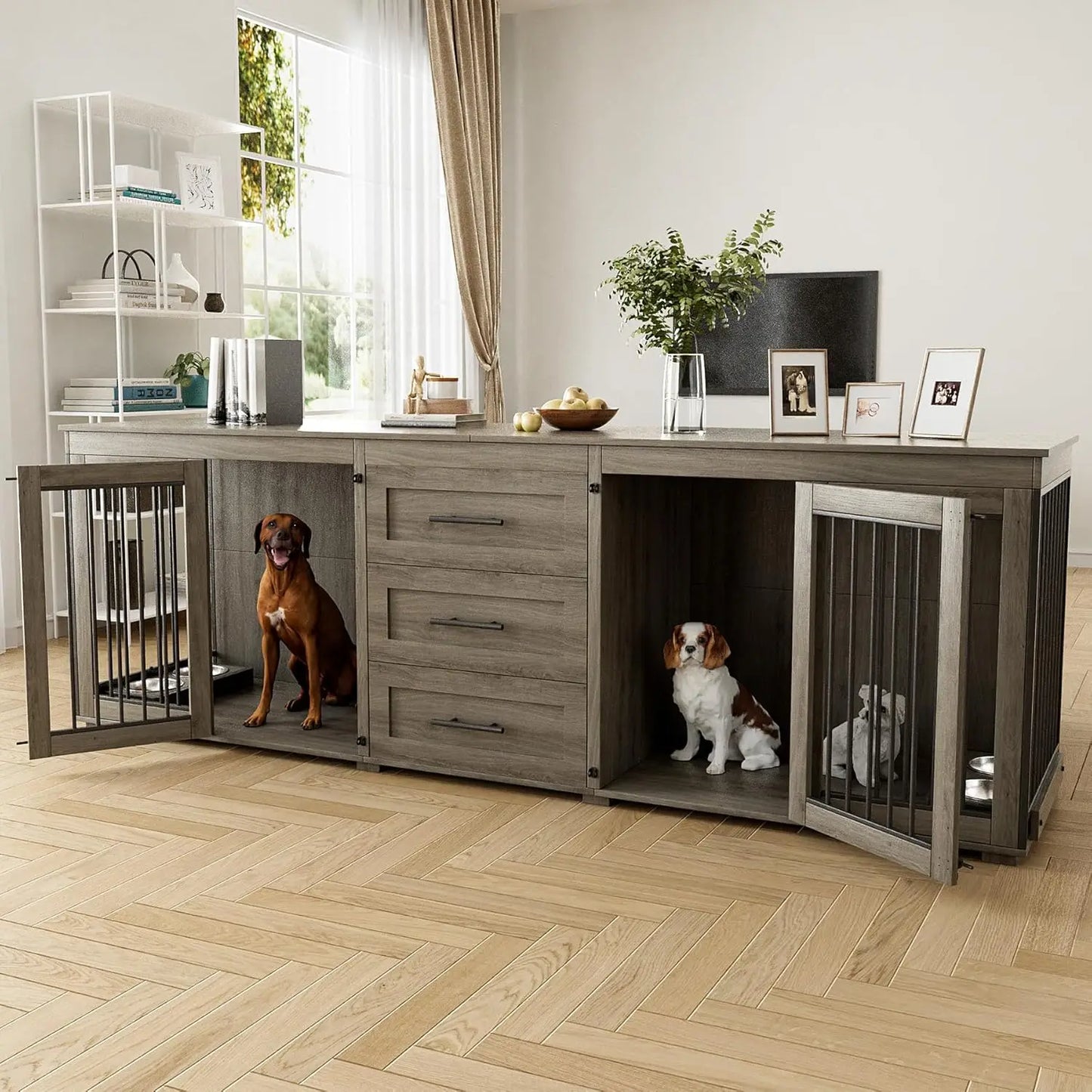 94.5" Large Dog Crate Furniture for 2 Dogs, Double Wooden Dog Kennel Furniture with 4 Dog Bowls & 3 Drawers, Heavy, Customized