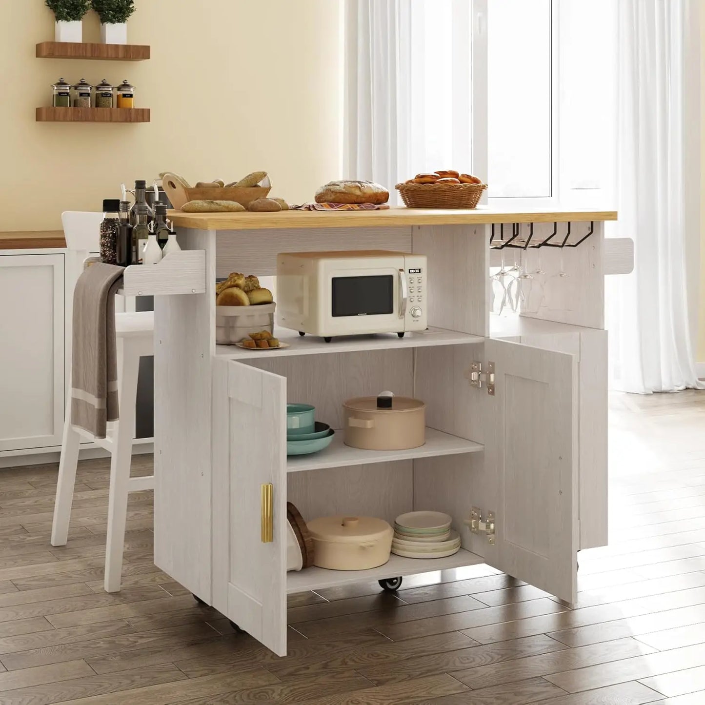 Rolling Kitchen Island with Drop Leaf And Power Outlet Mobile Island Table Kitchen Storage Wood Countertop.Customized