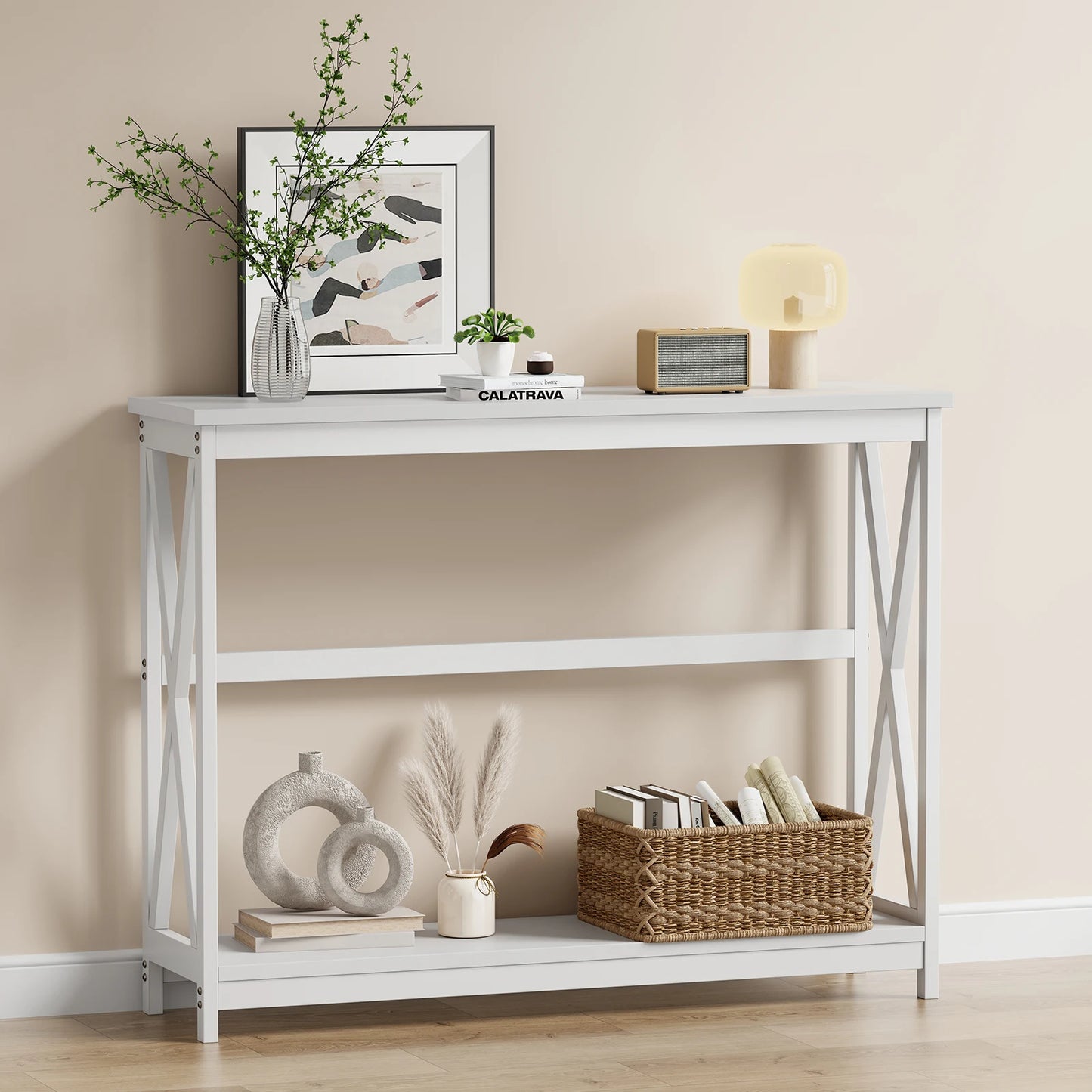 JHK 40IN Modern 2-Tier Console Table with Metal X-Frame Wood Entryway Table 200 lbs Capacity Hallway Table for Living Room Foyer