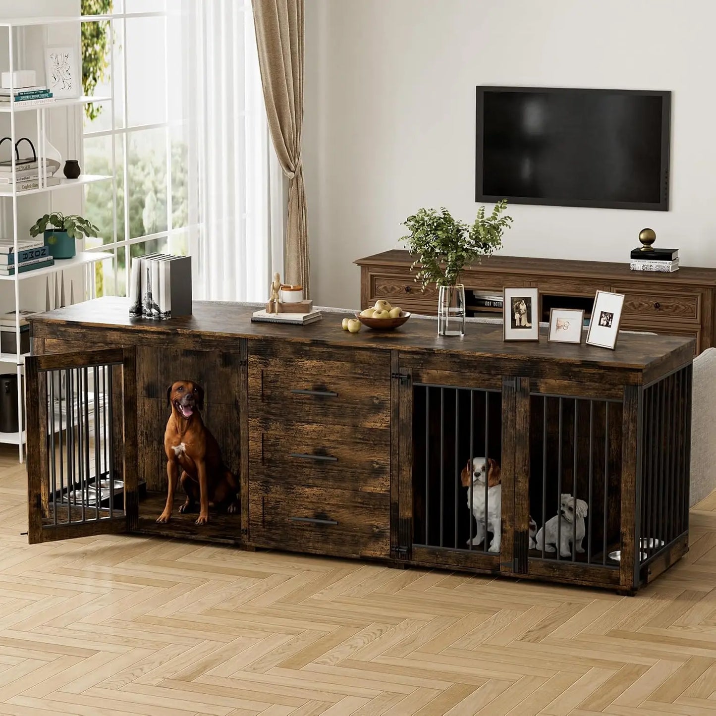 94.5" Large Dog Crate Furniture for 2 Dogs, Double Wooden Dog Kennel Furniture with 4 Dog Bowls & 3 Drawers, Heavy, Customized