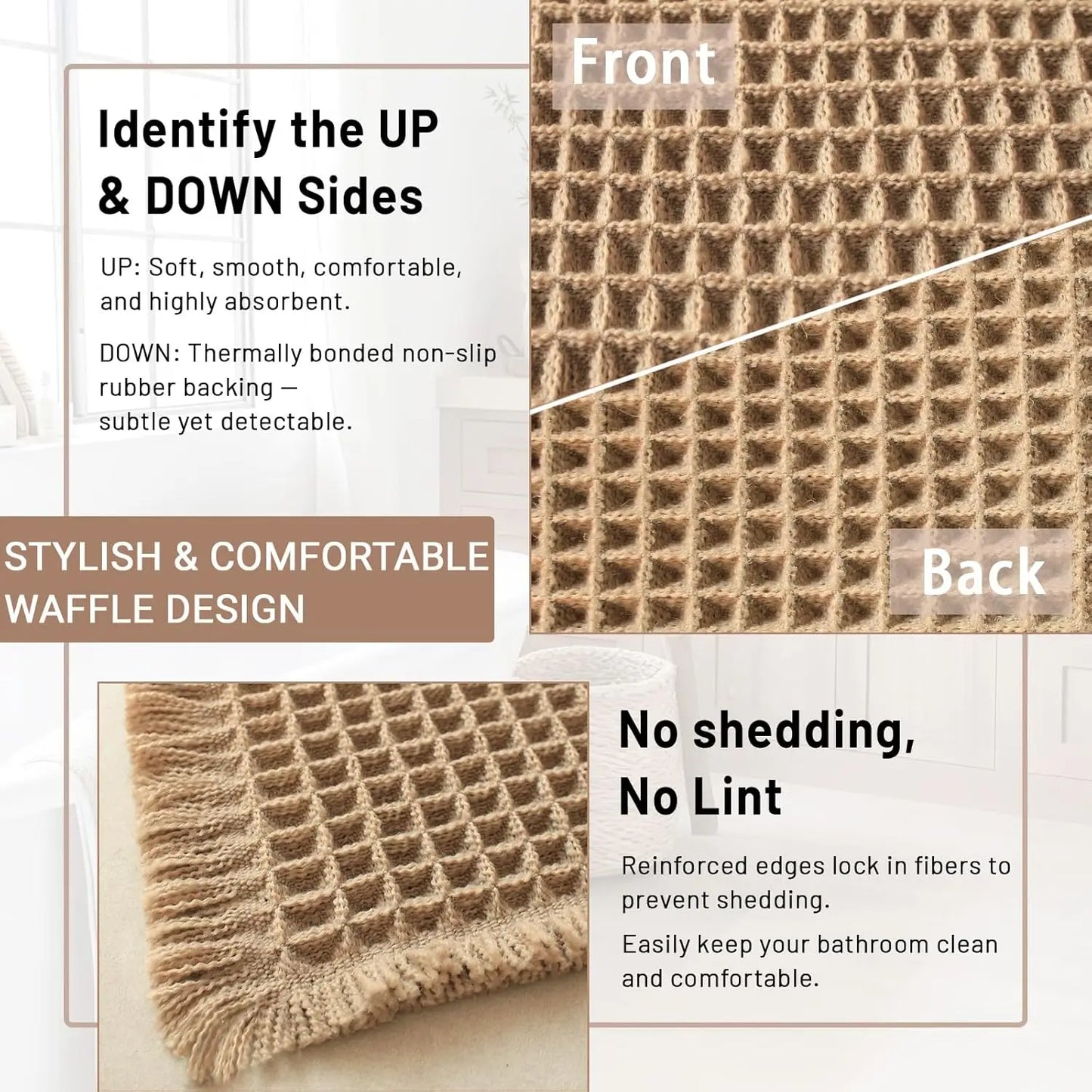 Waffle Bath Mat Set of 2, Non-Slip Absorbent Quick-Dry Shower Rug for Bathroom & Kitchen Floor