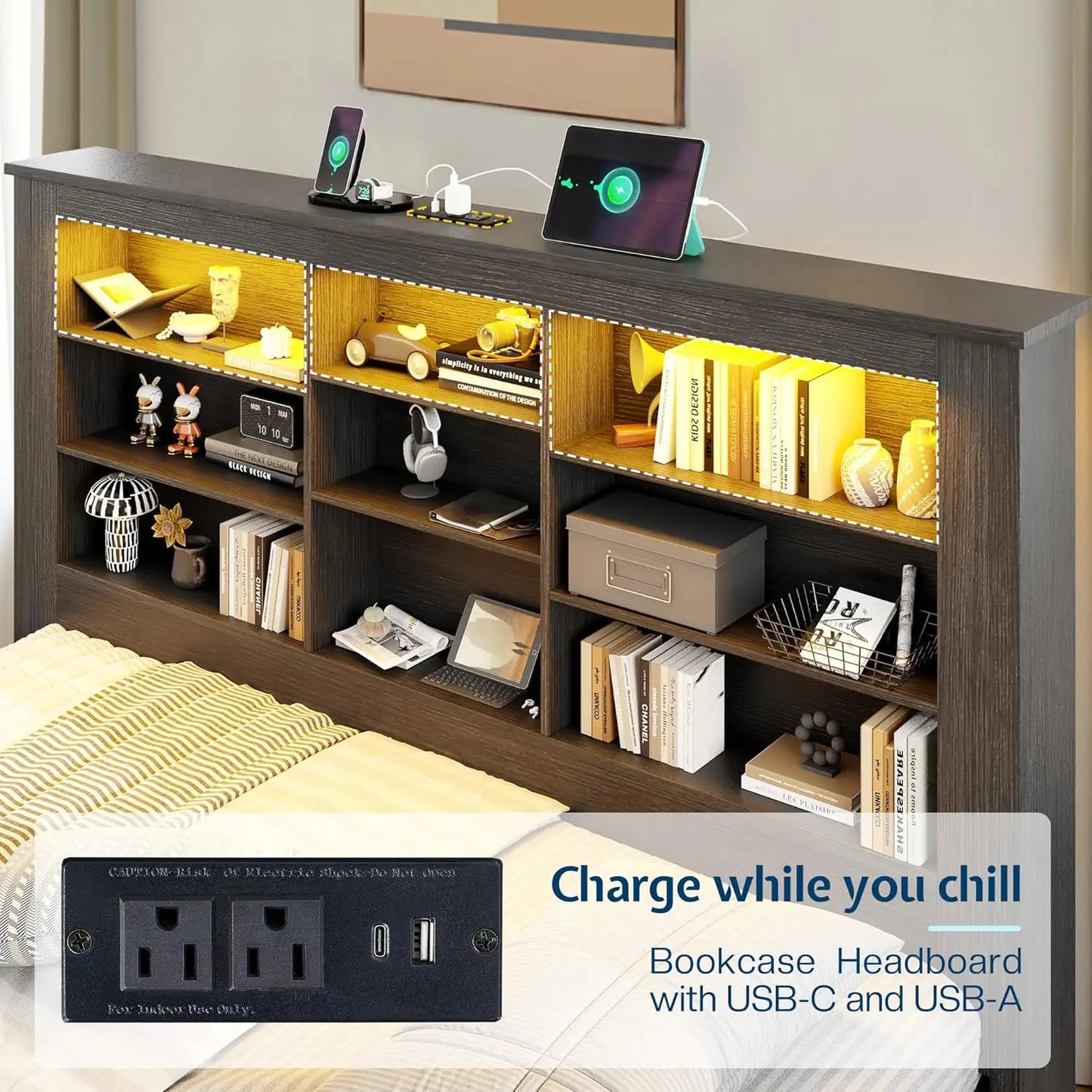 Twin Bed Frame with Storage Drawers, Bookcase Headboard, USB Charging, RGB Lights, Farmhouse Wood Daybed, No Box, Customized