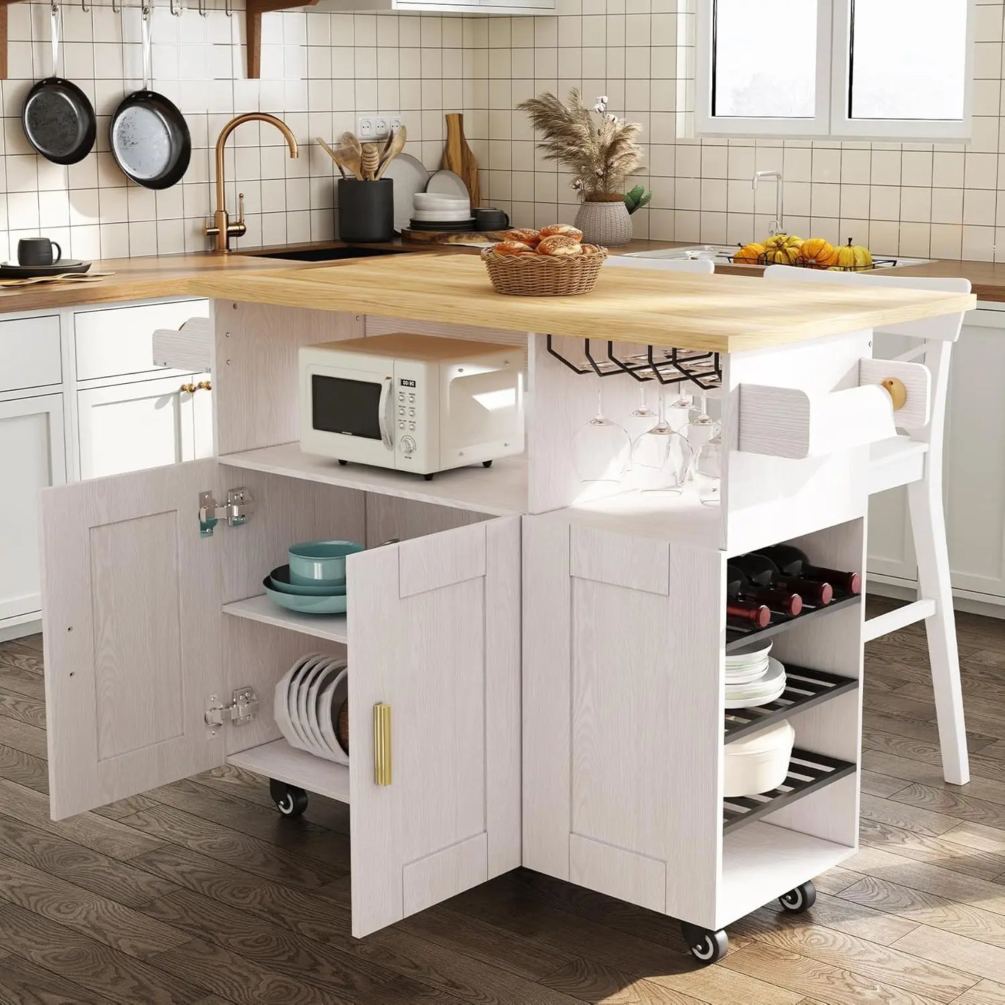 Rolling Kitchen Island with Drop Leaf And Power Outlet Mobile Island Table Kitchen Storage Wood Countertop.Customized
