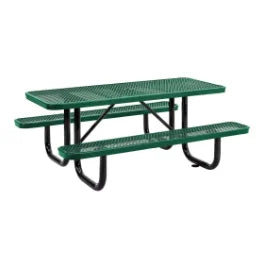 6-Foot Long Outdoor Picnic Table with Green Coating, Attached Benches, Umbrella Hole, 1000 lbs Capacity