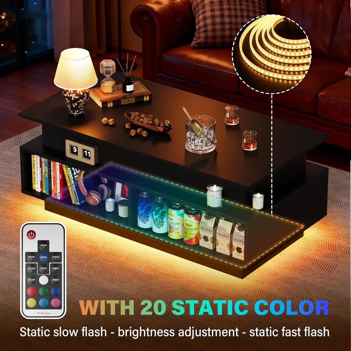40in Lift Top Coffee Table with Storage Compartments & LED Lights for Living Room Home Office, Customized