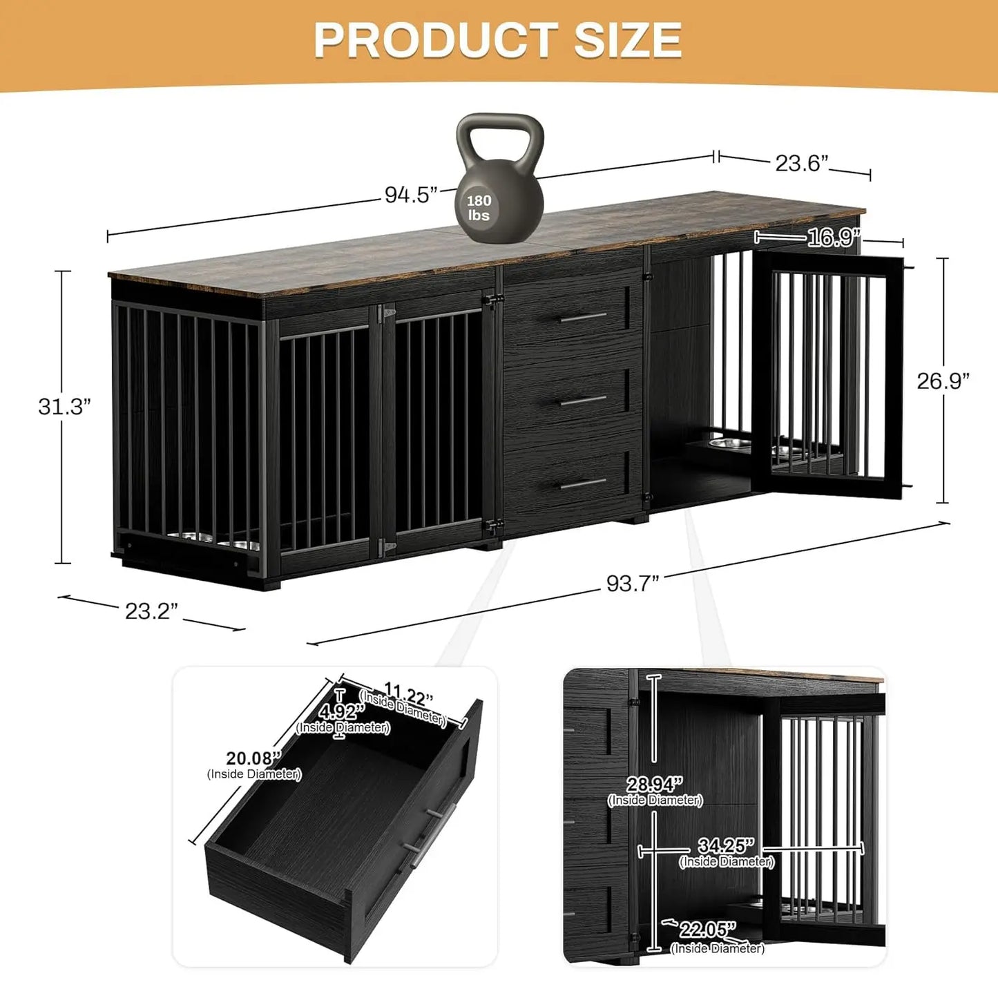 94.5" Large Dog Crate Furniture for 2 Dogs, Double Wooden Dog Kennel Furniture with 4 Dog Bowls & 3 Drawers, Heavy, Customized