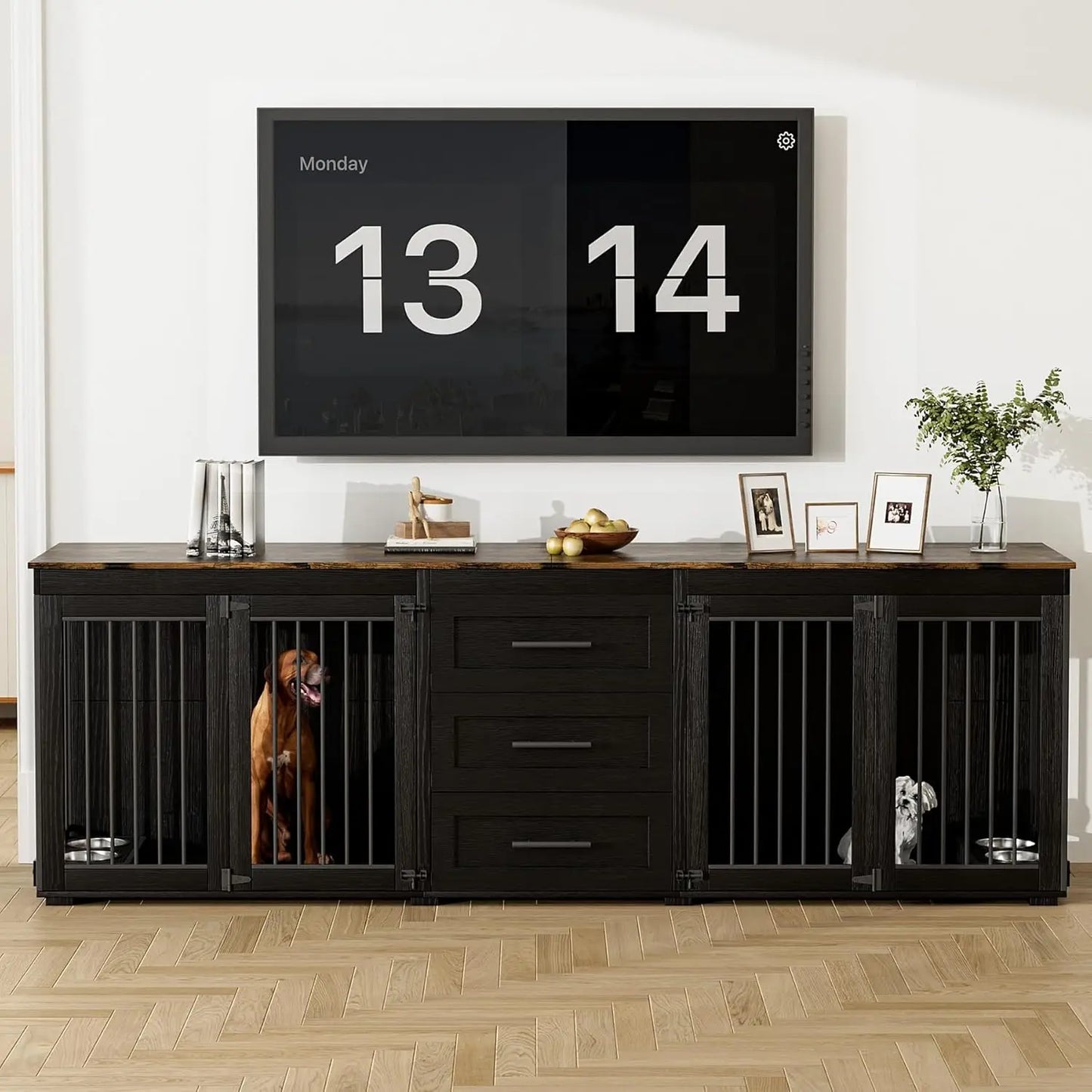 94.5" Large Dog Crate Furniture for 2 Dogs, Double Wooden Dog Kennel Furniture with 4 Dog Bowls & 3 Drawers, Heavy, Customized