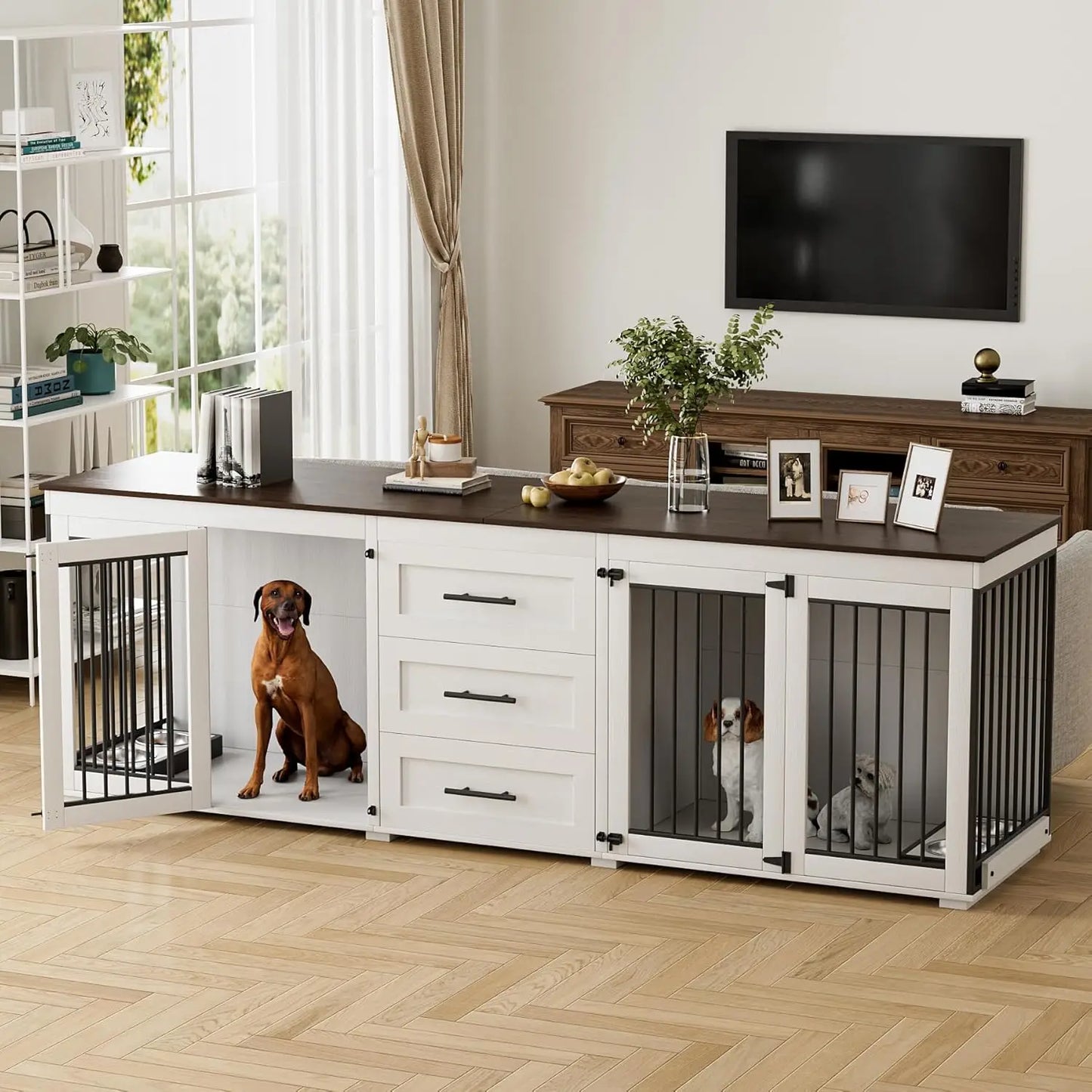 94.5" Large Dog Crate Furniture for 2 Dogs, Double Wooden Dog Kennel Furniture with 4 Dog Bowls & 3 Drawers, Heavy, Customized