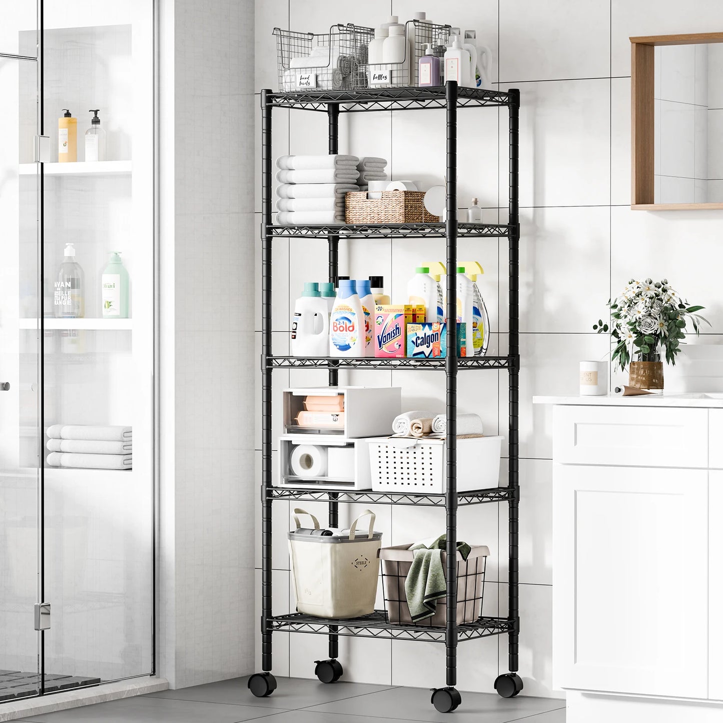 JHK 3-5 Tier Grid Storage Bookshelf with Lockable Wheels Mobile Metallic Shelving Rack Heavy Duty Standing Shelf for Home