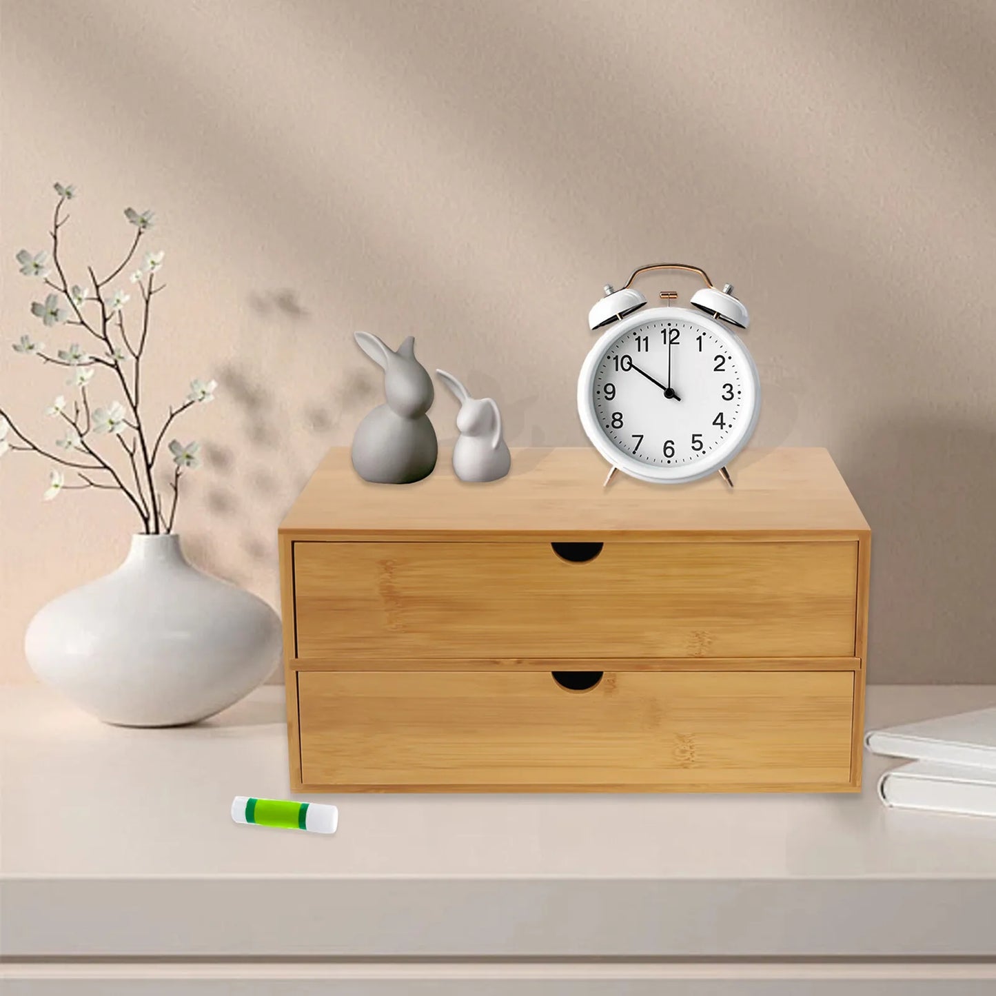 storage boxesMini Bamboo Desk Organizer with 2 Drawers Desktop Storage Box for Home Office Supplies Holder Multifunctional Space