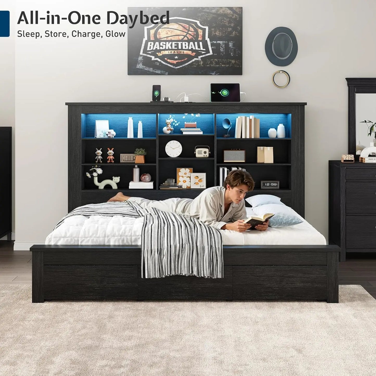 Twin Bed Frame with Storage Drawers, Bookcase Headboard, USB Charging, RGB Lights, Farmhouse Wood Daybed, No Box, Customized