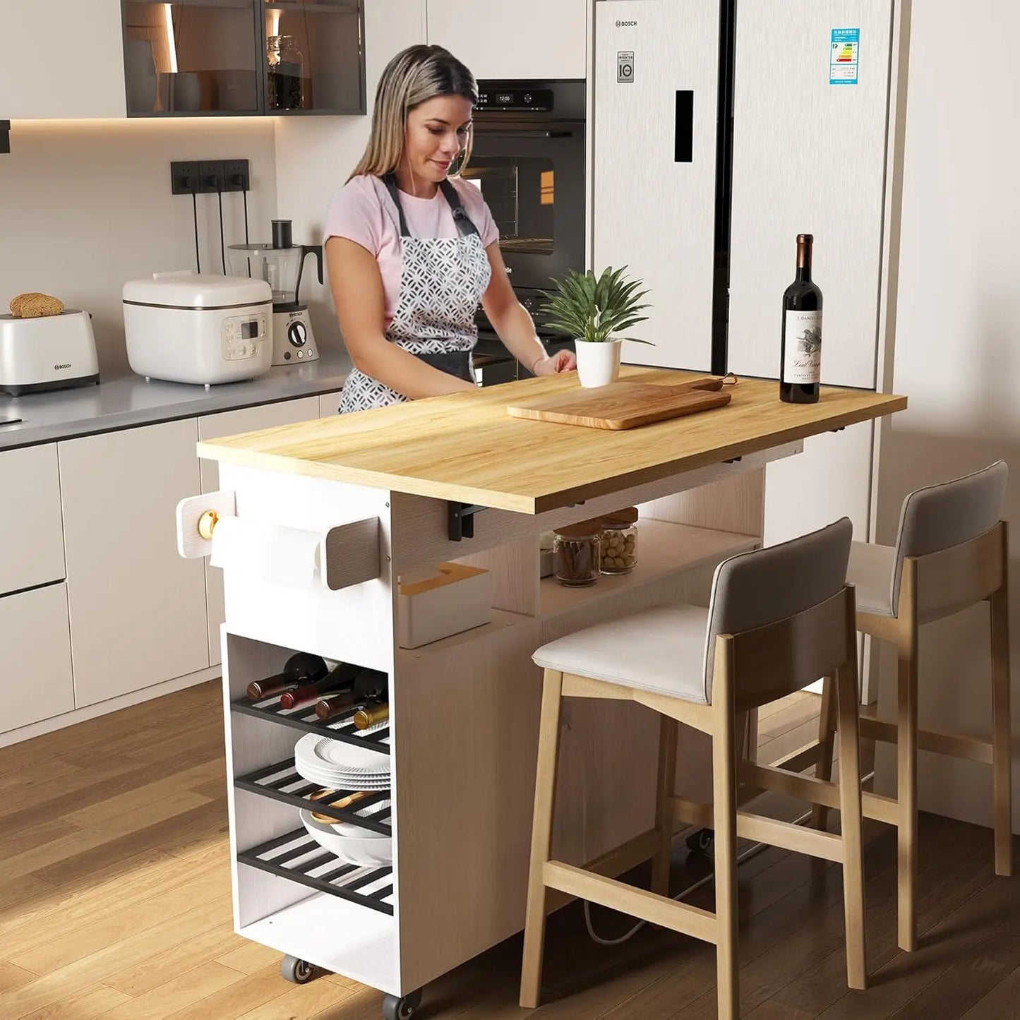 Rolling Kitchen Island with Drop Leaf And Power Outlet Mobile Island Table Kitchen Storage Wood Countertop.Customized