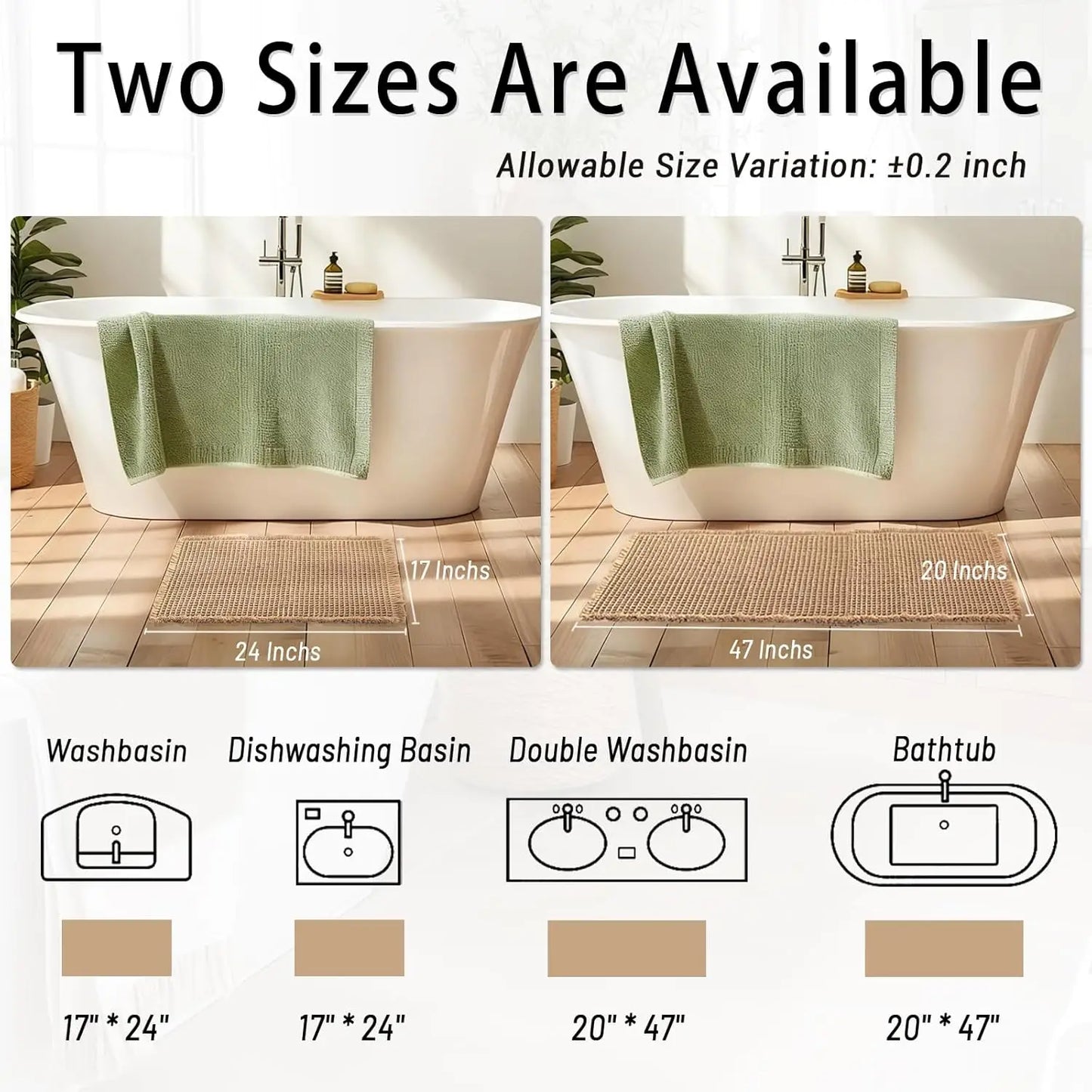 Waffle Bath Mat Set of 2, Non-Slip Absorbent Quick-Dry Shower Rug for Bathroom & Kitchen Floor