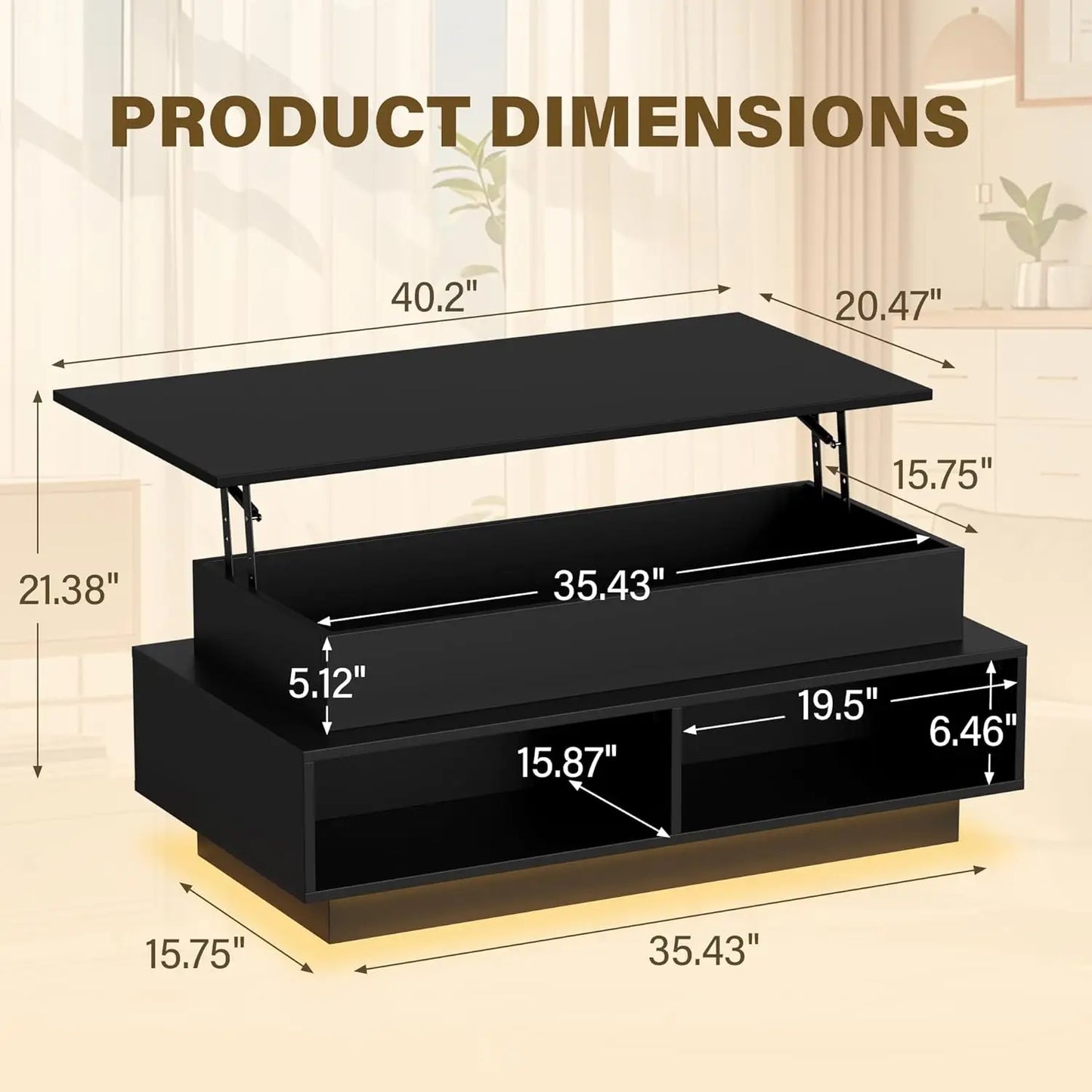 40in Lift Top Coffee Table with Storage Compartments & LED Lights for Living Room Home Office, Customized
