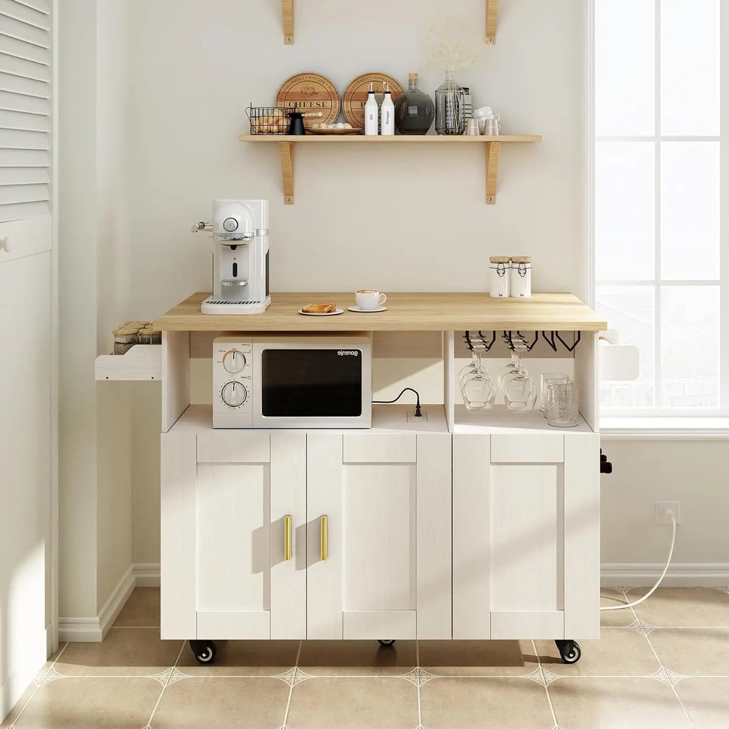 Rolling Kitchen Island with Drop Leaf And Power Outlet Mobile Island Table Kitchen Storage Wood Countertop.Customized