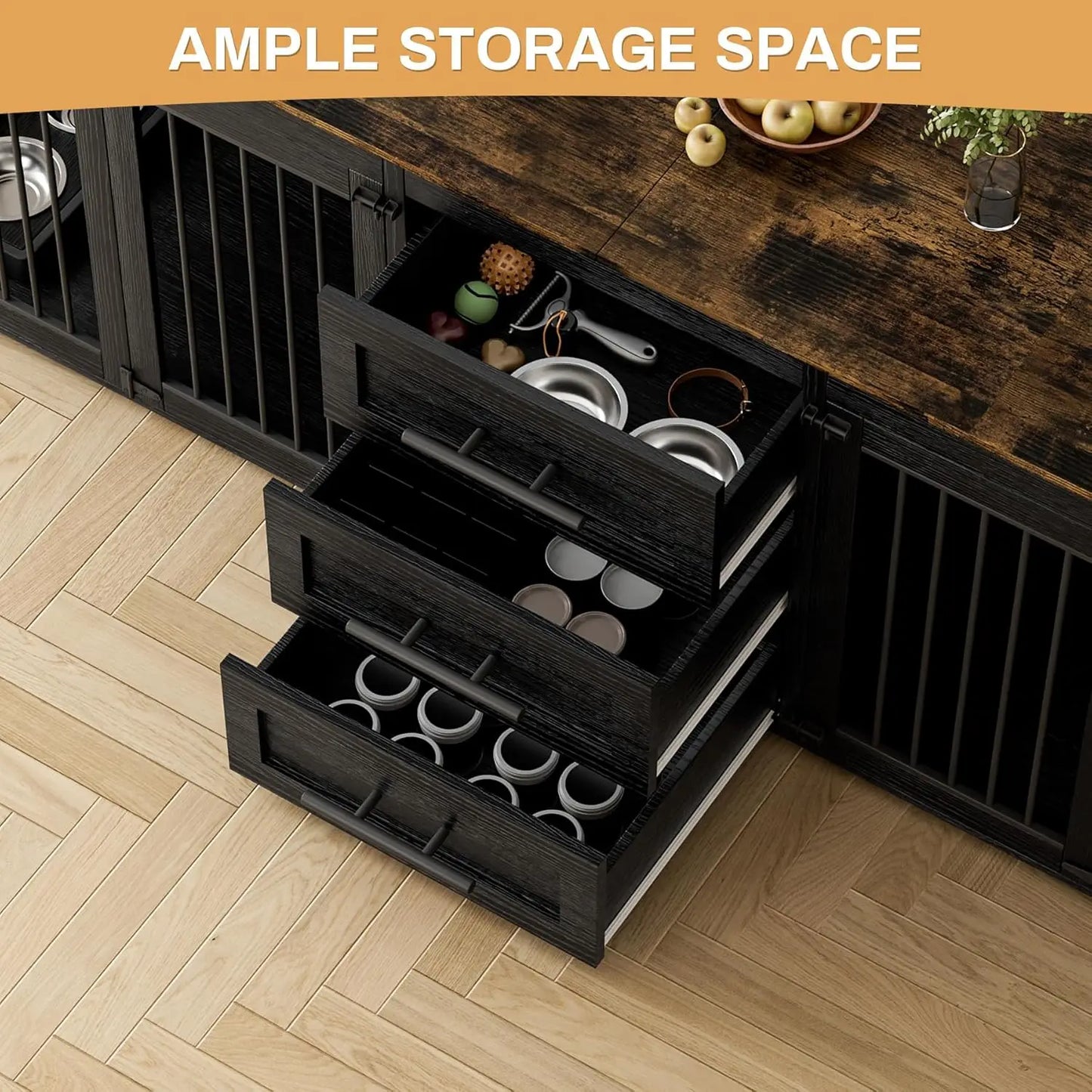 94.5" Large Dog Crate Furniture for 2 Dogs, Double Wooden Dog Kennel Furniture with 4 Dog Bowls & 3 Drawers, Heavy, Customized