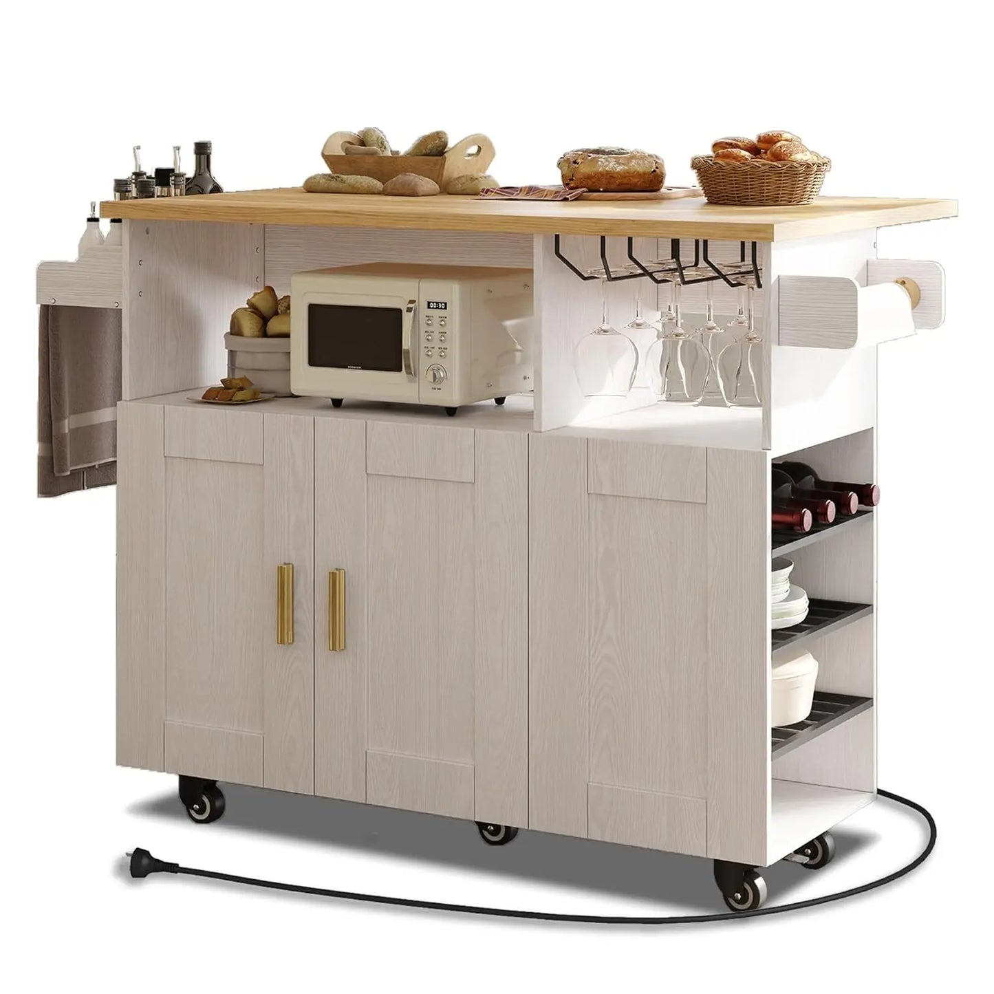 Rolling Kitchen Island with Drop Leaf And Power Outlet Mobile Island Table Kitchen Storage Wood Countertop.Customized