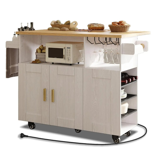 Rolling Kitchen Island with Drop Leaf And Power Outlet Mobile Island Table Kitchen Storage Wood Countertop.Customized