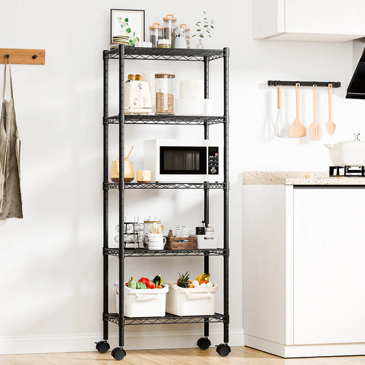 JHK 3-5 Tier Grid Storage Bookshelf with Lockable Wheels Mobile Metallic Shelving Rack Heavy Duty Standing Shelf for Home