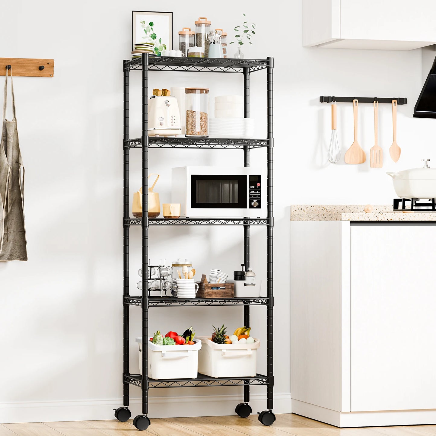 JHK 3-5 Tier Grid Storage Bookshelf with Lockable Wheels Mobile Metallic Shelving Rack Heavy Duty Standing Shelf for Home