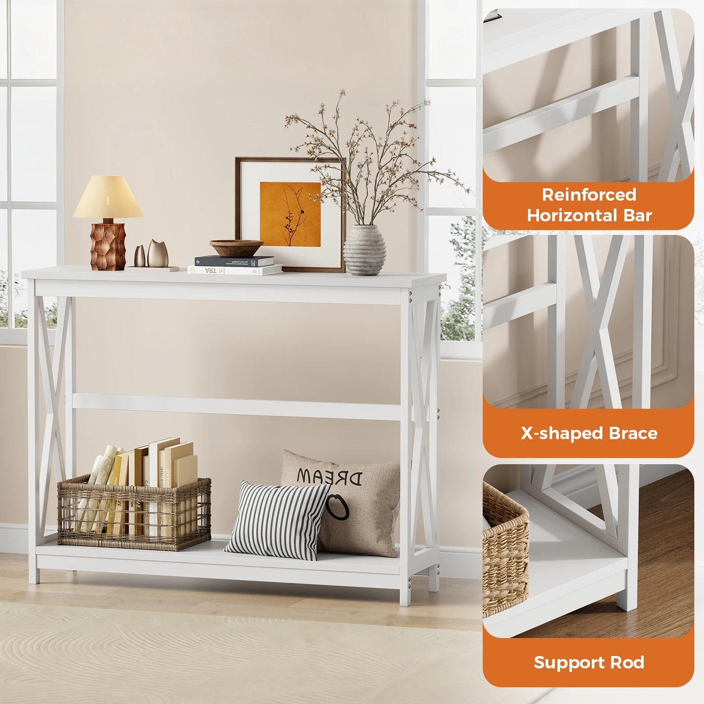 JHK 40IN Modern 2-Tier Console Table with Metal X-Frame Wood Entryway Table 200 lbs Capacity Hallway Table for Living Room Foyer
