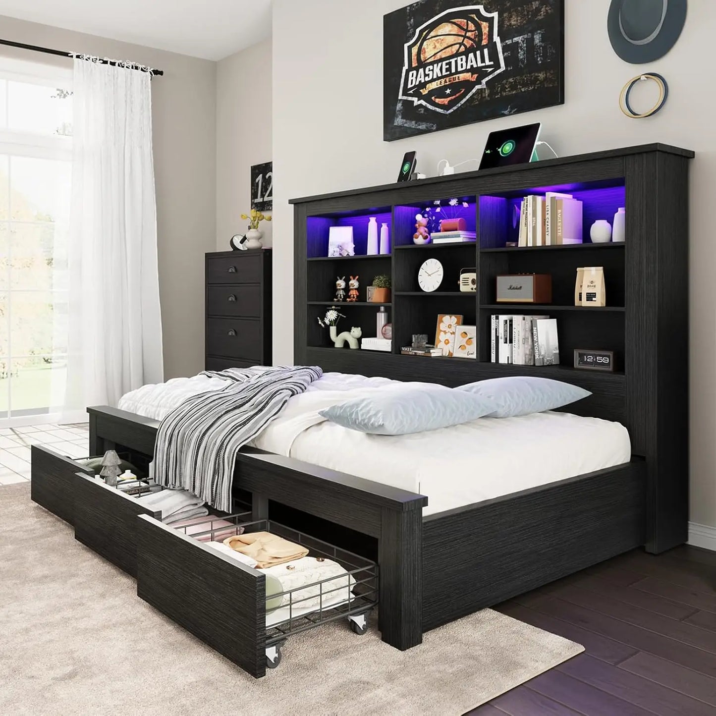 Twin Bed Frame with Storage Drawers, Bookcase Headboard, USB Charging, RGB Lights, Farmhouse Wood Daybed, No Box, Customized