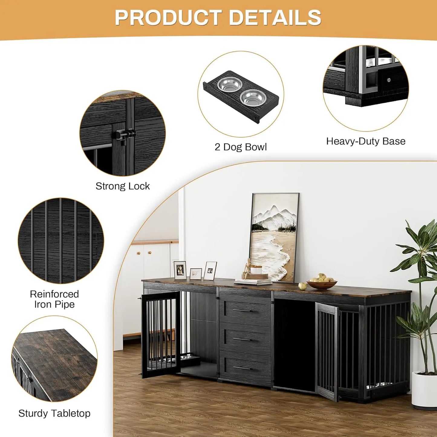 94.5" Large Dog Crate Furniture for 2 Dogs, Double Wooden Dog Kennel Furniture with 4 Dog Bowls & 3 Drawers, Heavy, Customized
