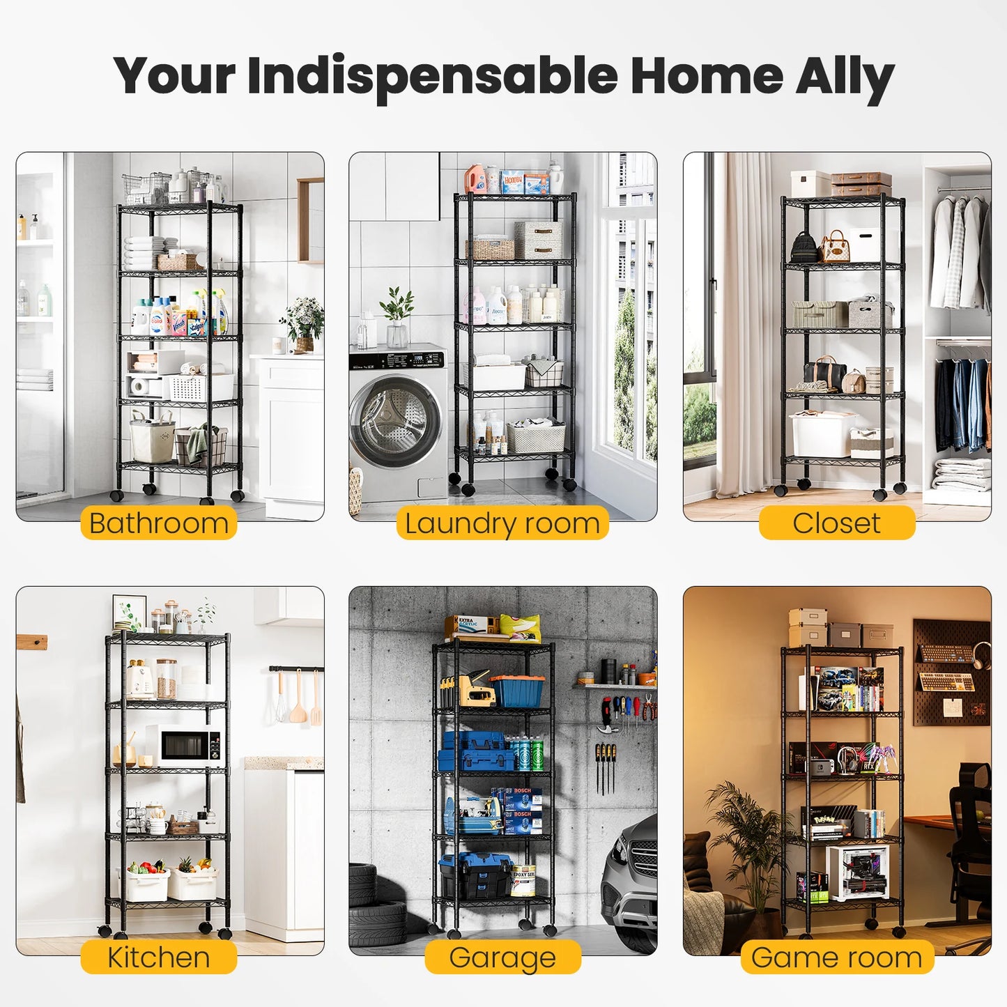 JHK 3-5 Tier Grid Storage Bookshelf with Lockable Wheels Mobile Metallic Shelving Rack Heavy Duty Standing Shelf for Home